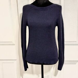 LL Bean Women's Sweater 100% Cotton Basket-Weave Boatneck Pullover Navy Blue XS